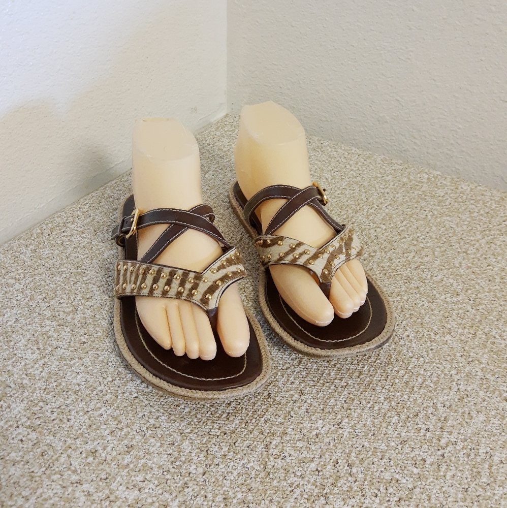 Prada Brown Leather Calfhair Flat Sandals - Picture 5 of 6